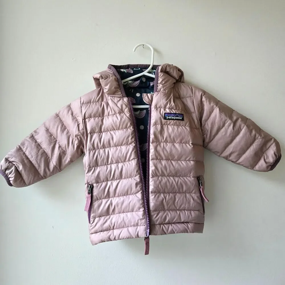 Patagonia Toddler Girls Reversible Down Sweater Jacket w Hood Pink Size 2T EUC